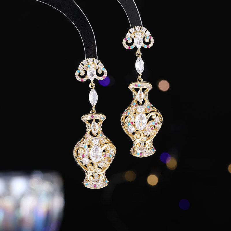 Light Luxury New Chinese Style Ancient Style Three-Dimensional Earrings Retro Zircon Inlaid High-End Long Blue and White Porcelain Evening Drop Earrings