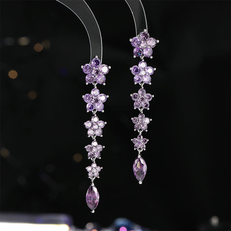 Colorful Ice Crack Flower Earrings S925Silver Needle Elegant Long Tassel Gradient Pink Purple Heavy Craft Earrings for Women