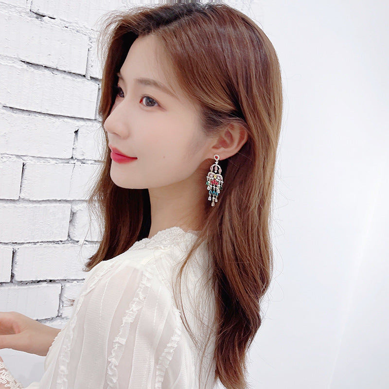 Autumn European and American Style Personality Tassel Earrings Long Colorful Zircon Studs New Fashion Water Drop Earrings for Women