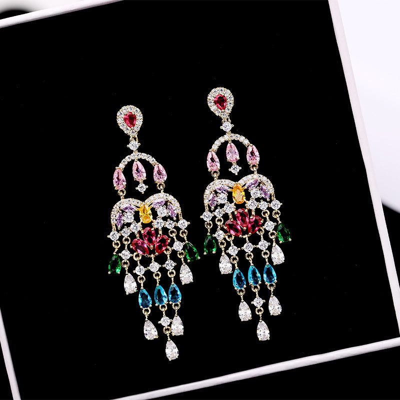 Autumn European and American Style Personality Tassel Earrings Long Colorful Zircon Studs New Fashion Water Drop Earrings for Women
