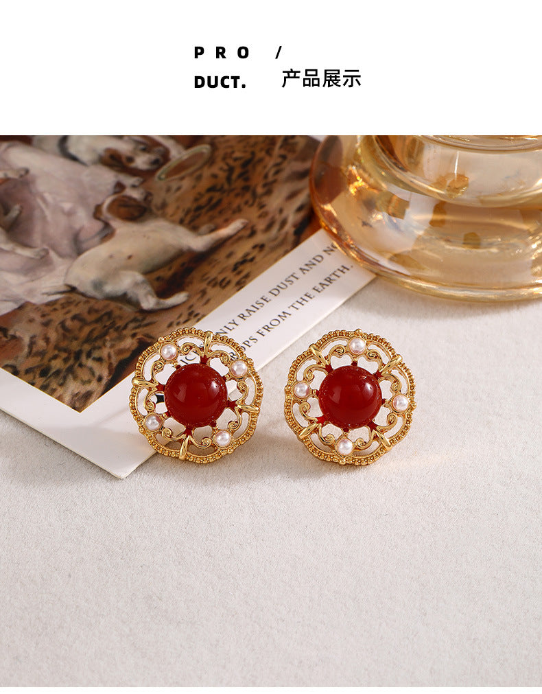 Vintage New Chinese Style Wine Red Agate Stone Earrings for Women Elegant Palace Style High-end Simple Temperament Pearl Earrings