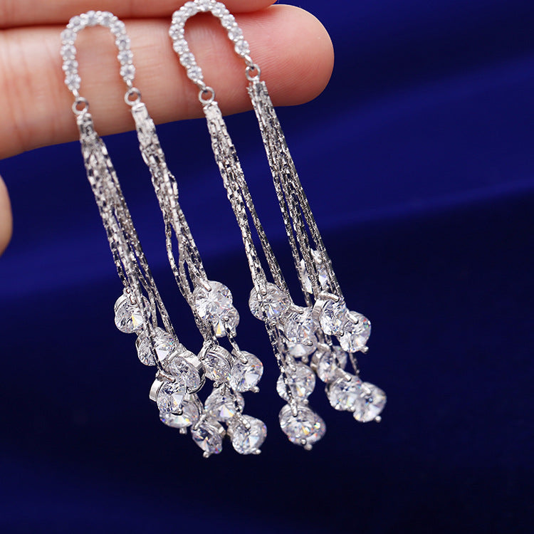 Cross-border European and American Fashion Shiny Zircon Exaggerated Tassel Earrings s925Silver Needle High-End Long Evening Earrings