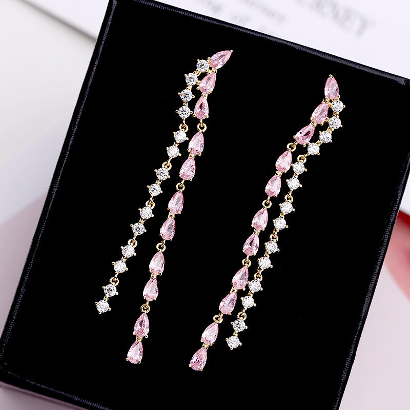 2022New Long Tassel Earrings European and American Fashion Zircon Silver Needle Drop High-end Water Drop Geometric Earrings