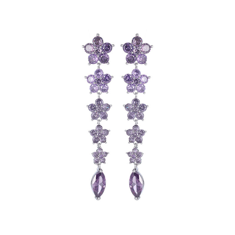 Colorful Ice Crack Flower Earrings S925Silver Needle Elegant Long Tassel Gradient Pink Purple Heavy Craft Earrings for Women
