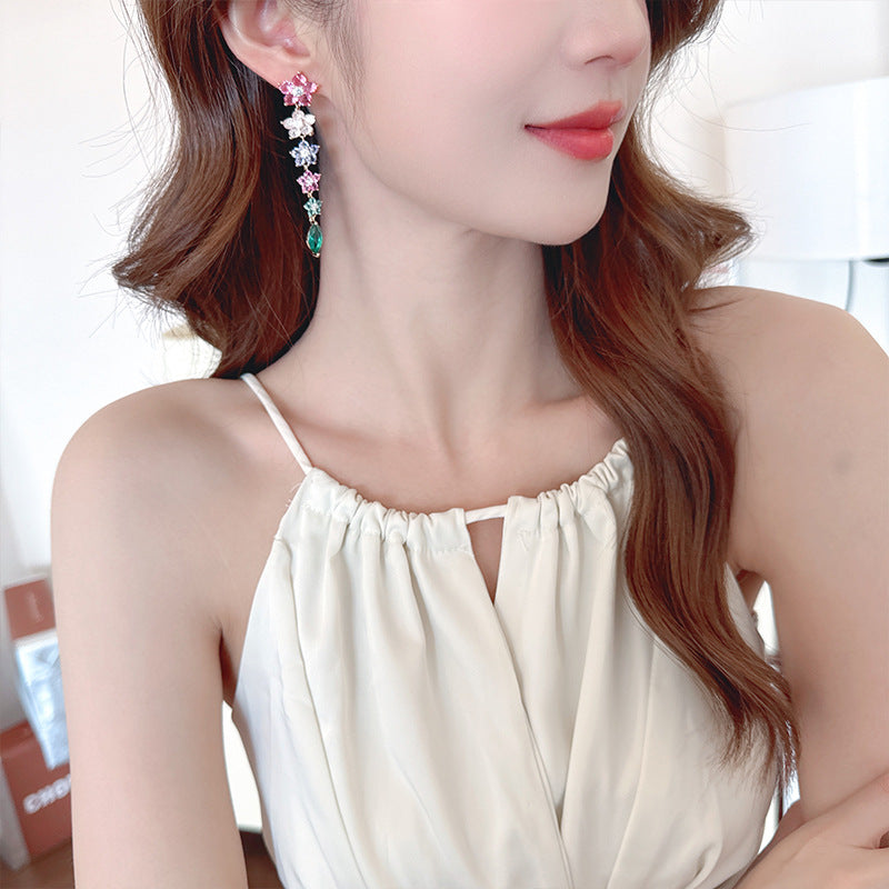 Colorful Ice Crack Flower Earrings S925Silver Needle Elegant Long Tassel Gradient Pink Purple Heavy Craft Earrings for Women