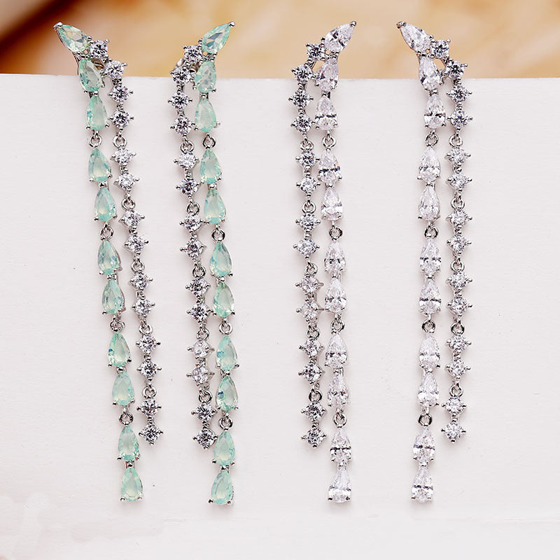 2022New Long Tassel Earrings European and American Fashion Zircon Silver Needle Drop High-end Water Drop Geometric Earrings