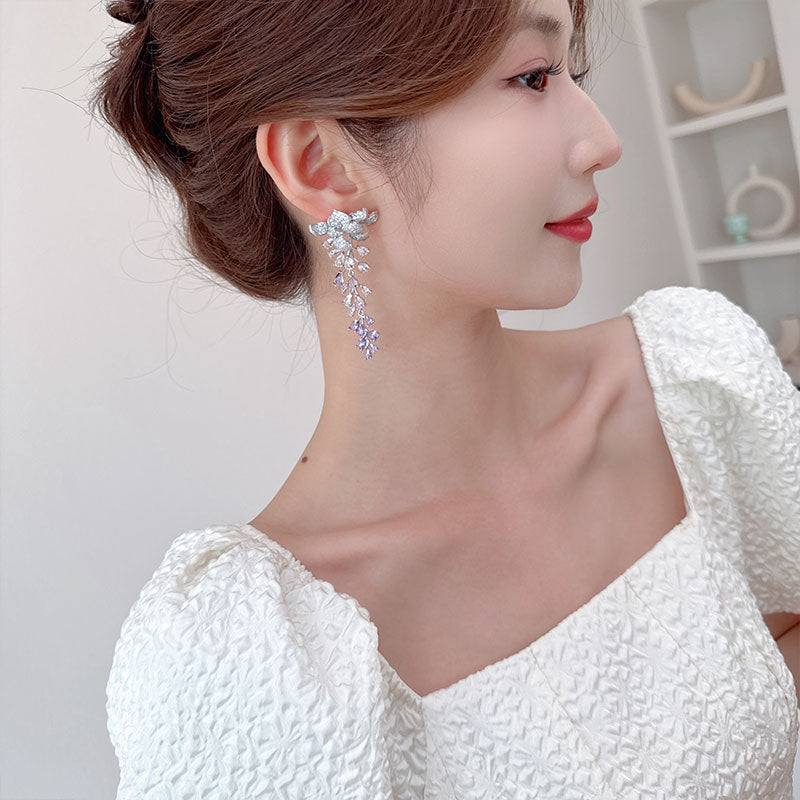 Heavy Craft Hot-Selling Zircon Leaf Wisteria Flower Earrings Fashion Evening Elegant Bride Wedding Dress Earrings Accessories