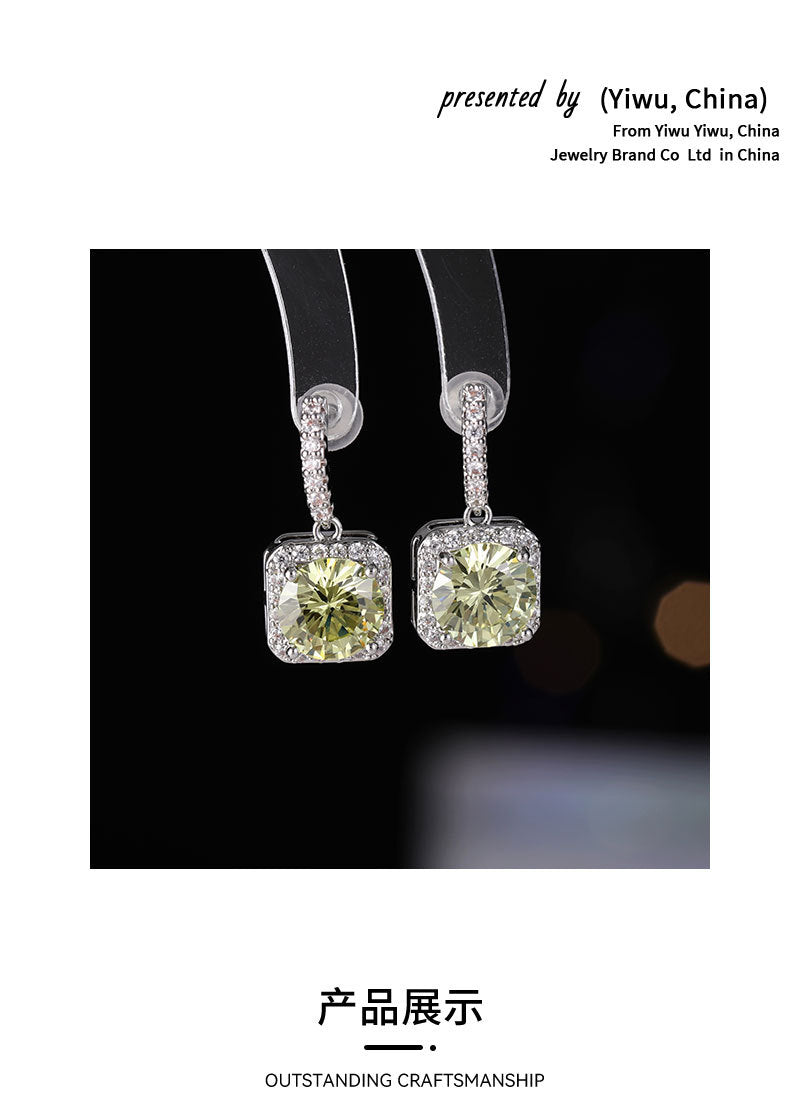 Yellow Small Sugar Cube Zirconia Earrings s925Silver Needle Niche Fresh Sweet Light Luxury Earrings Simple Versatile Ear Jewelry for Women