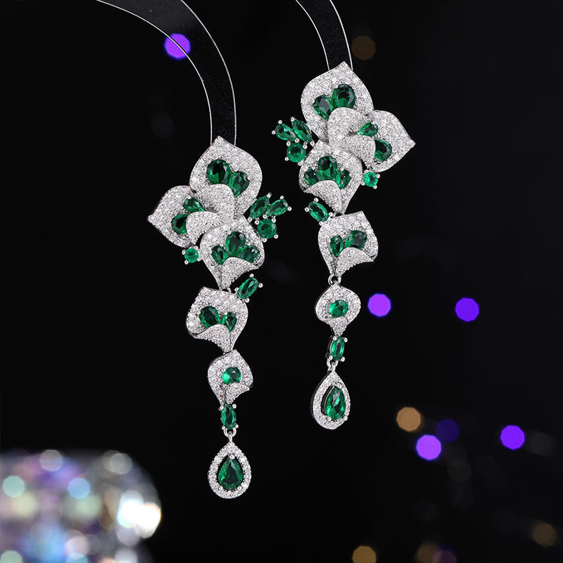 High-end Heavy Craft Earrings for Annual Meeting and Evening Dresses, Luxurious Long Elegant Zircon Flower Earrings