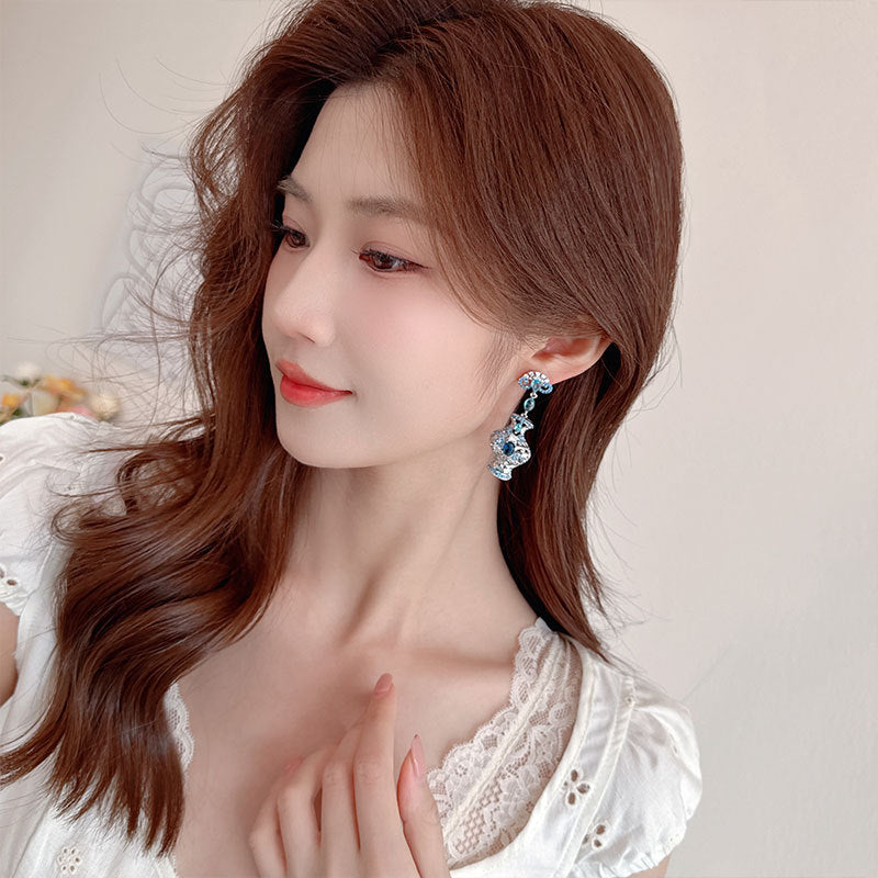 Light Luxury New Chinese Style Ancient Style Three-Dimensional Earrings Retro Zircon Inlaid High-End Long Blue and White Porcelain Evening Drop Earrings