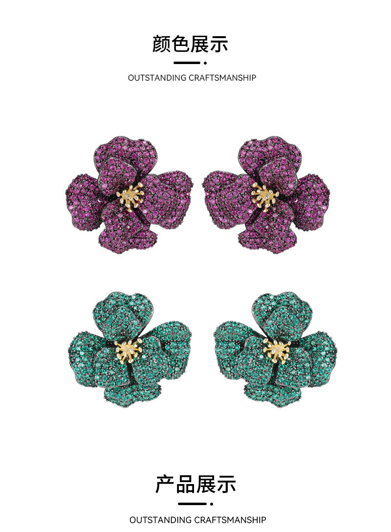Light Luxury High-End Micro-Paved Zircon Rose Flower Stud Earrings s925Silver Needle Luxurious Elegant Exquisite Earrings for Women