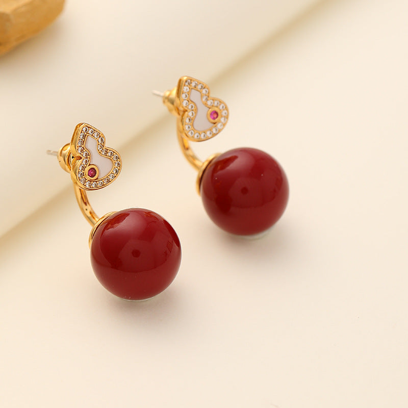 Original New Chinese Style Shi Family Pearl Red Gourd Earrings Exquisite Versatile Retro Silver Needle Earrings Light Luxury High-end Feel