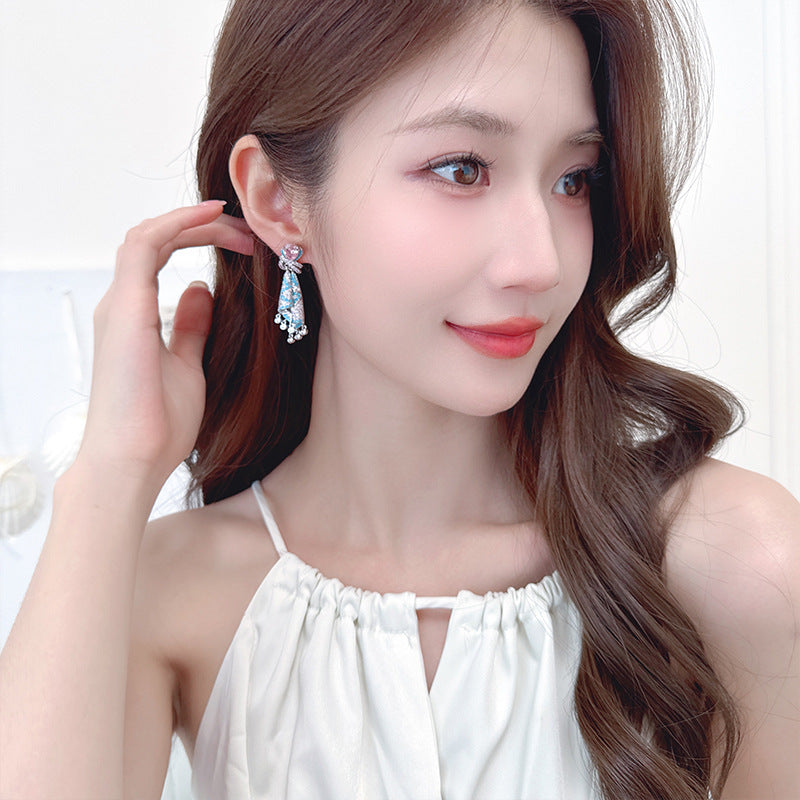 French Style Heavy Craft Colorful Silk Earrings Light Luxury High-end Sense Temperament Autumn Winter Zircon Jewelry Tassel Silver Needle Earrings for Women