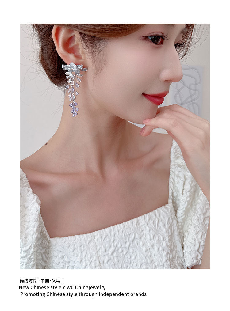 Heavy Craft Hot-Selling Zircon Leaf Wisteria Flower Earrings Fashion Evening Elegant Bride Wedding Dress Earrings Accessories