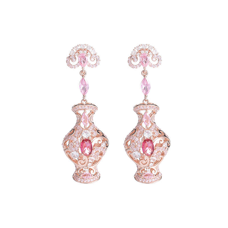 Light Luxury New Chinese Style Ancient Style Three-Dimensional Earrings Retro Zircon Inlaid High-End Long Blue and White Porcelain Evening Drop Earrings