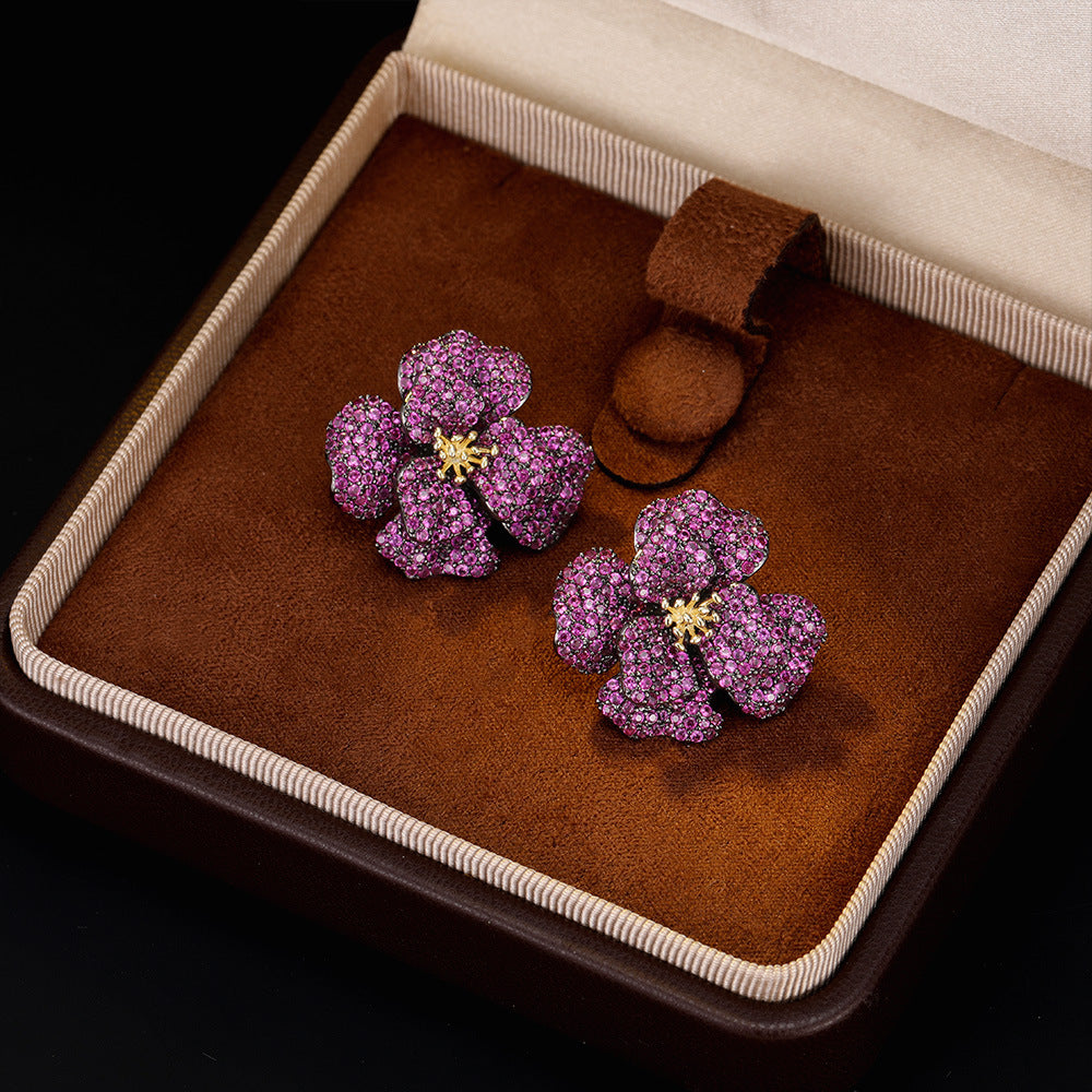 Light Luxury High-End Micro-Paved Zircon Rose Flower Stud Earrings s925Silver Needle Luxurious Elegant Exquisite Earrings for Women