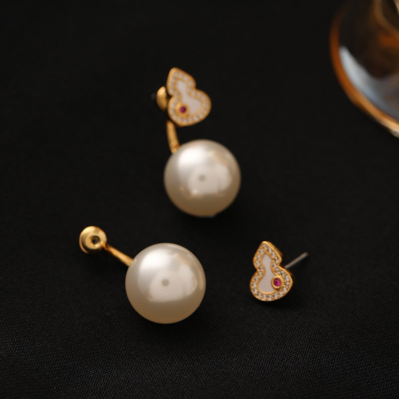 Original New Chinese Style Shi Family Pearl Red Gourd Earrings Exquisite Versatile Retro Silver Needle Earrings Light Luxury High-end Feel