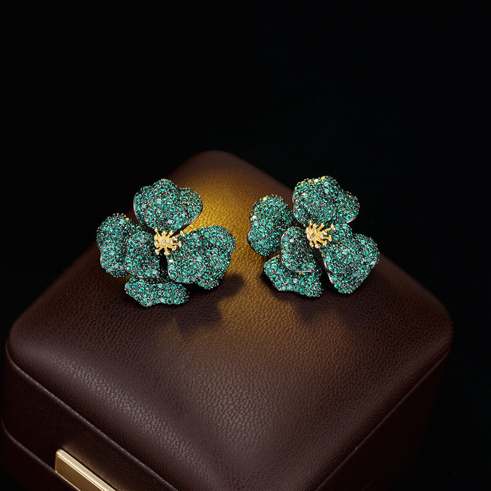 Light Luxury High-End Micro-Paved Zircon Rose Flower Stud Earrings s925Silver Needle Luxurious Elegant Exquisite Earrings for Women