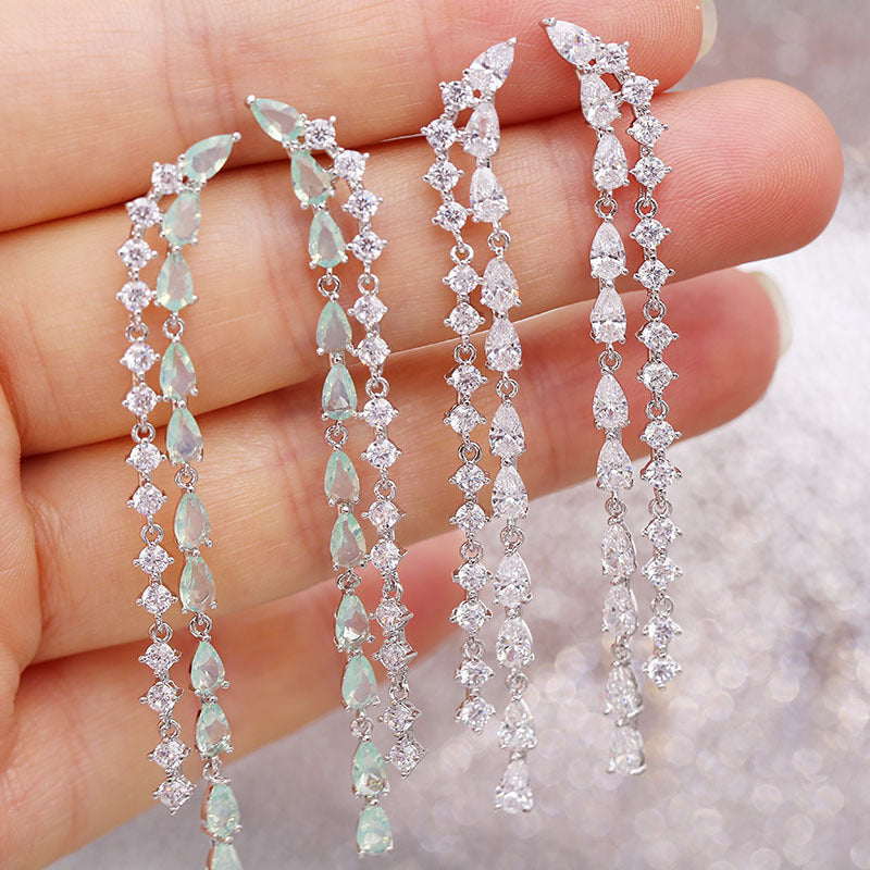 2022New Long Tassel Earrings European and American Fashion Zircon Silver Needle Drop High-end Water Drop Geometric Earrings
