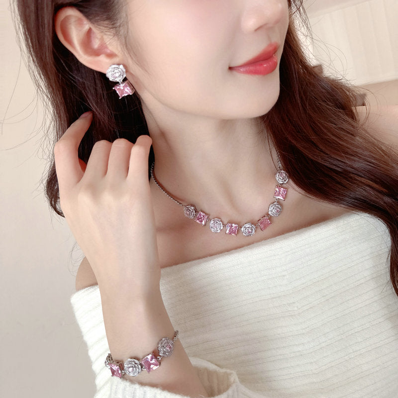 High-end Zircon Camellia Necklace Light Luxury Accessories Collarbone Chain Bracelet Earrings Dress Matching Elegant Jewelry Set