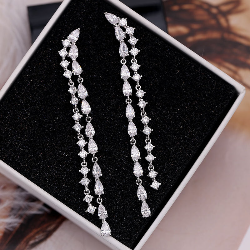 2022New Long Tassel Earrings European and American Fashion Zircon Silver Needle Drop High-end Water Drop Geometric Earrings