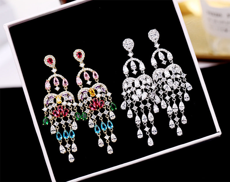 Autumn European and American Style Personality Tassel Earrings Long Colorful Zircon Studs New Fashion Water Drop Earrings for Women