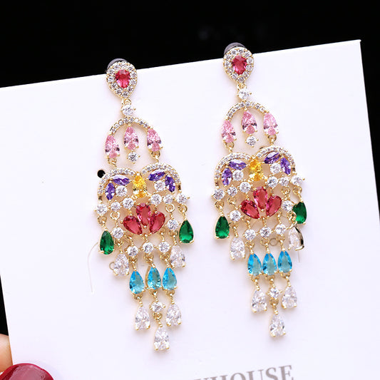 Autumn European and American Style Personality Tassel Earrings Long Colorful Zircon Studs New Fashion Water Drop Earrings for Women