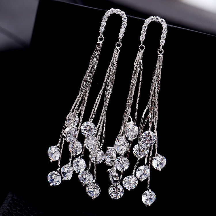 Cross-border European and American Fashion Shiny Zircon Exaggerated Tassel Earrings s925Silver Needle High-End Long Evening Earrings