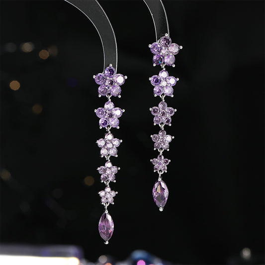 Colorful Ice Crack Flower Earrings S925Silver Needle Elegant Long Tassel Gradient Pink Purple Heavy Craft Earrings for Women