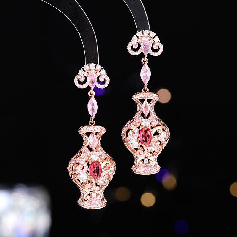 Light Luxury New Chinese Style Ancient Style Three-Dimensional Earrings Retro Zircon Inlaid High-End Long Blue and White Porcelain Evening Drop Earrings