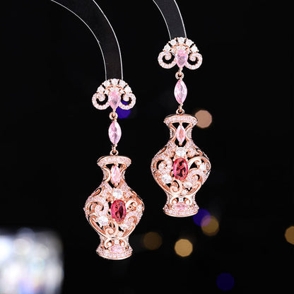 Light Luxury New Chinese Style Ancient Style Three-Dimensional Earrings Retro Zircon Inlaid High-End Long Blue and White Porcelain Evening Drop Earrings