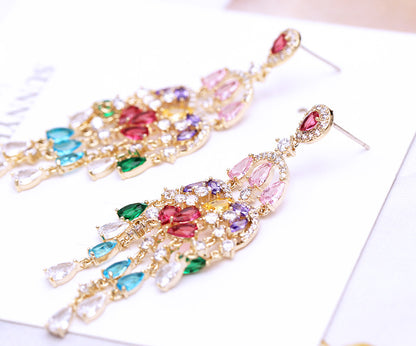 Autumn European and American Style Personality Tassel Earrings Long Colorful Zircon Studs New Fashion Water Drop Earrings for Women