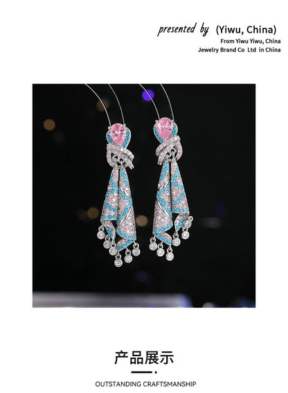 French Style Heavy Craft Colorful Silk Earrings Light Luxury High-end Sense Temperament Autumn Winter Zircon Jewelry Tassel Silver Needle Earrings for Women