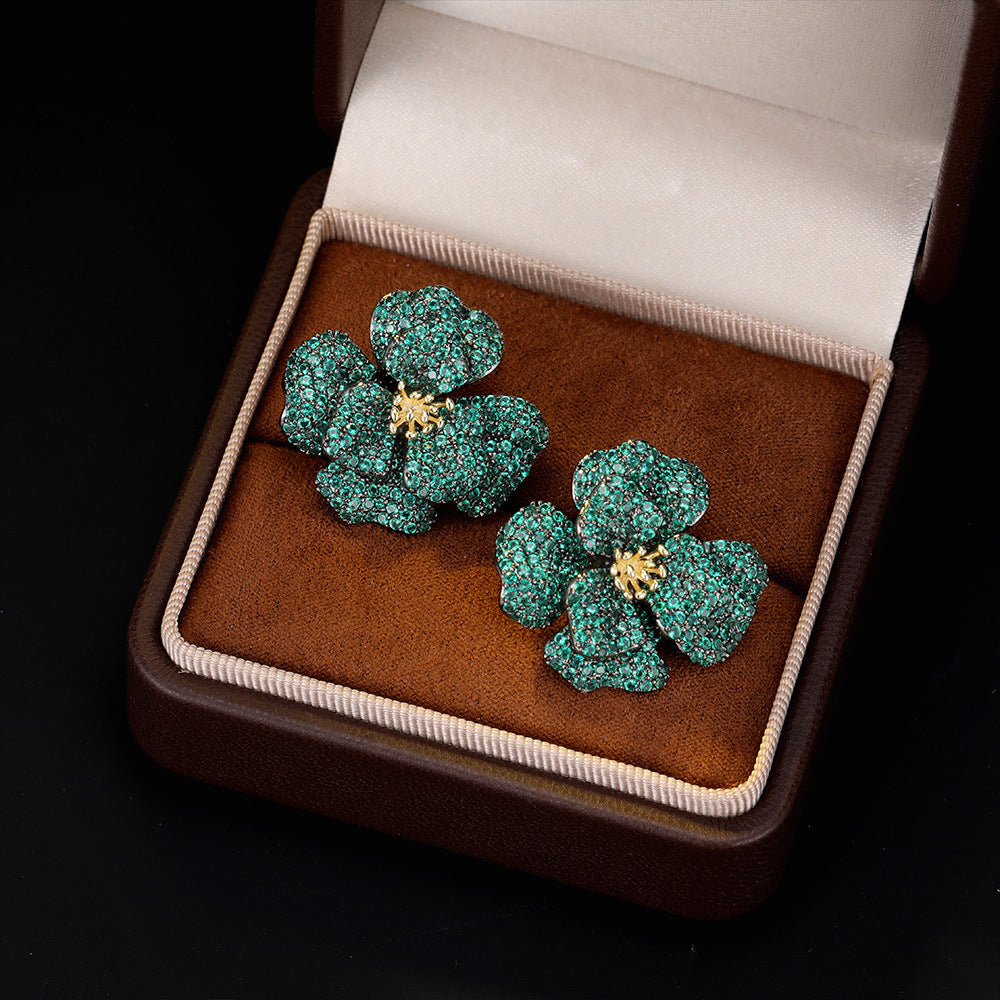 Light Luxury High-End Micro-Paved Zircon Rose Flower Stud Earrings s925Silver Needle Luxurious Elegant Exquisite Earrings for Women