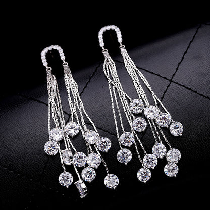 Cross-border European and American Fashion Shiny Zircon Exaggerated Tassel Earrings s925Silver Needle High-End Long Evening Earrings