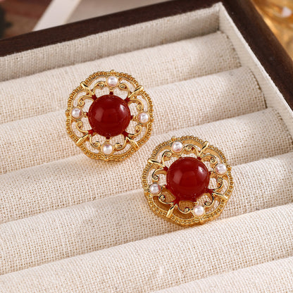 Vintage New Chinese Style Wine Red Agate Stone Earrings for Women Elegant Palace Style High-end Simple Temperament Pearl Earrings