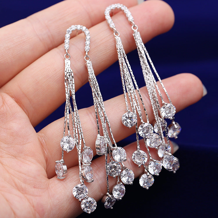 Cross-border European and American Fashion Shiny Zircon Exaggerated Tassel Earrings s925Silver Needle High-End Long Evening Earrings