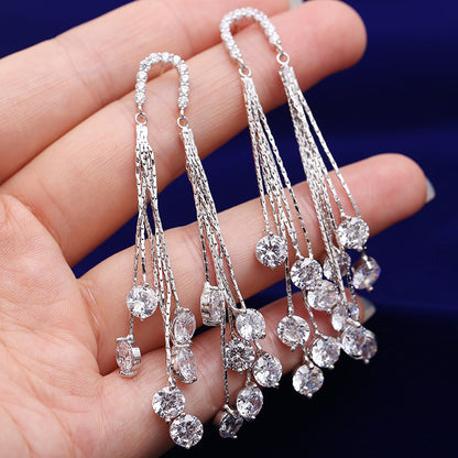 Cross-border European and American Fashion Shiny Zircon Exaggerated Tassel Earrings s925Silver Needle High-End Long Evening Earrings