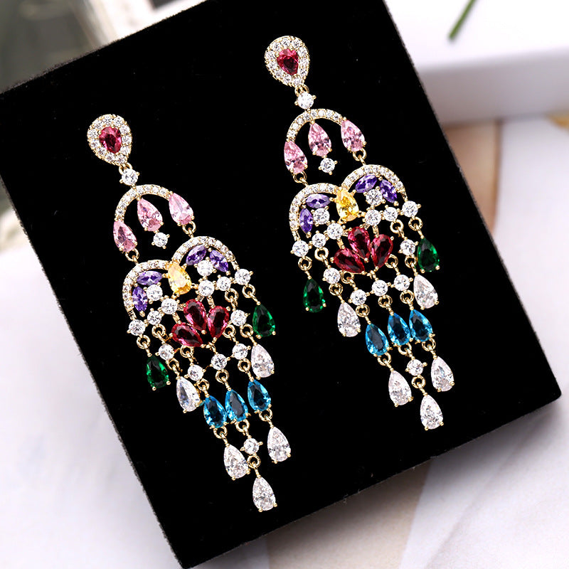 Autumn European and American Style Personality Tassel Earrings Long Colorful Zircon Studs New Fashion Water Drop Earrings for Women