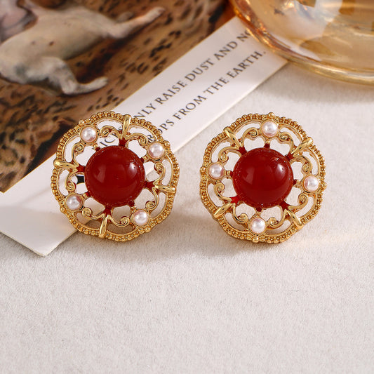 Vintage New Chinese Style Wine Red Agate Stone Earrings for Women Elegant Palace Style High-end Simple Temperament Pearl Earrings