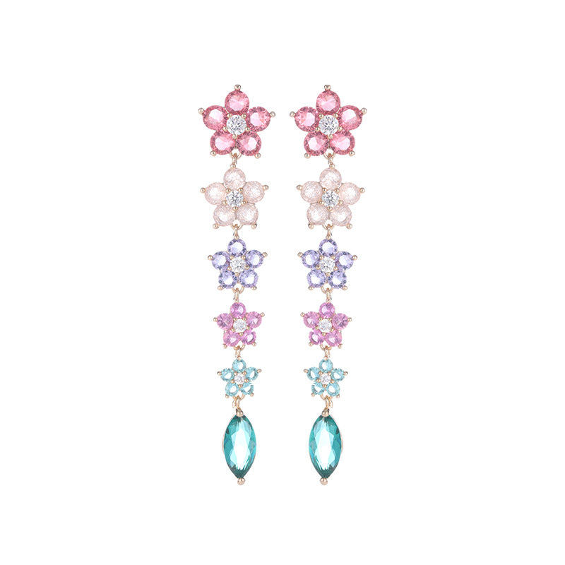 Colorful Ice Crack Flower Earrings S925Silver Needle Elegant Long Tassel Gradient Pink Purple Heavy Craft Earrings for Women