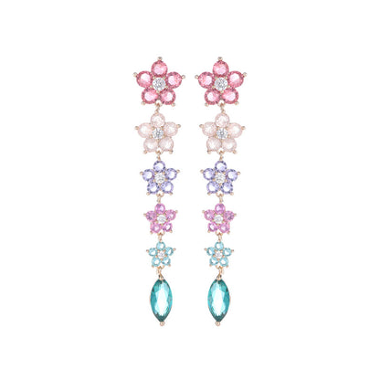 Colorful Ice Crack Flower Earrings S925Silver Needle Elegant Long Tassel Gradient Pink Purple Heavy Craft Earrings for Women