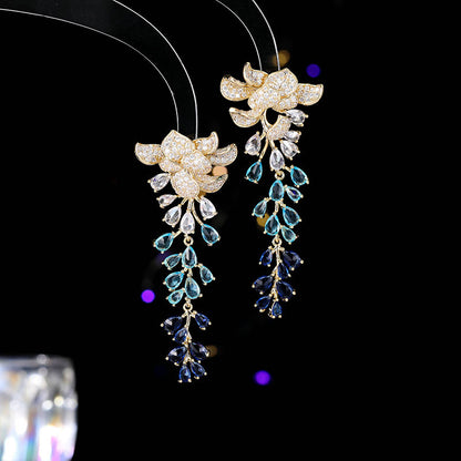 Heavy Craft Hot-Selling Zircon Leaf Wisteria Flower Earrings Fashion Evening Elegant Bride Wedding Dress Earrings Accessories