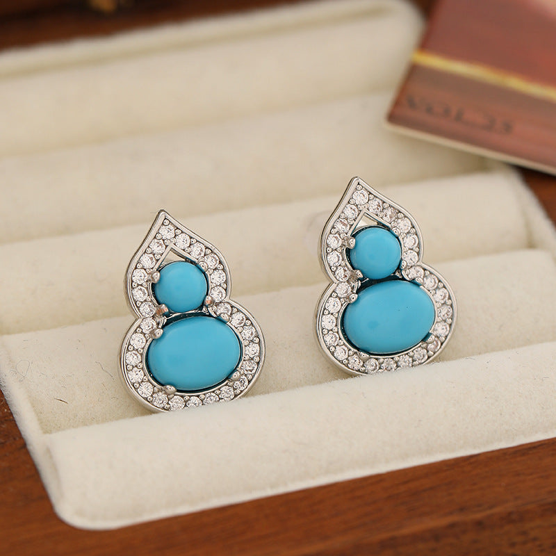 Vintage Micro-Paved Zircon Gourd Earrings High-End Luxury Niche Temperament Fashion Exquisite Versatile Silver Needle Earrings for Women