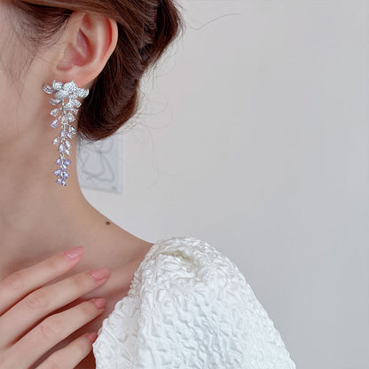 Heavy Craft Hot-Selling Zircon Leaf Wisteria Flower Earrings Fashion Evening Elegant Bride Wedding Dress Earrings Accessories