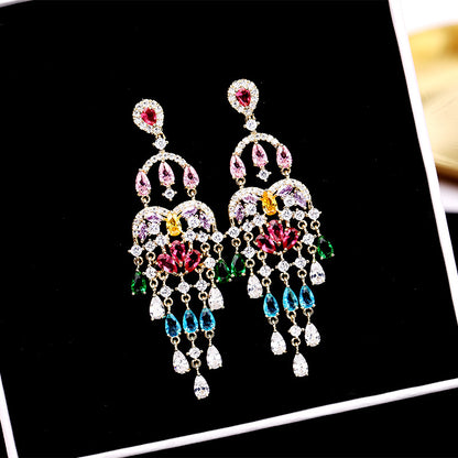 Autumn European and American Style Personality Tassel Earrings Long Colorful Zircon Studs New Fashion Water Drop Earrings for Women