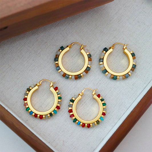 Vintage Niche Colorful Bohemian Natural Stone Beaded Earrings High-end Fashion Exquisite Personality Temperament Ear Jewelry