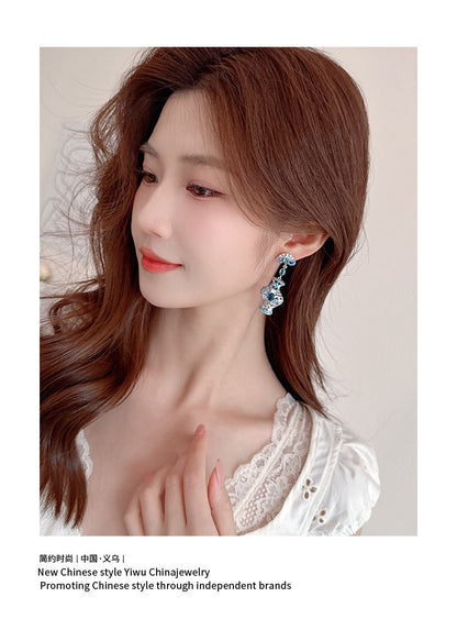 Light Luxury New Chinese Style Ancient Style Three-Dimensional Earrings Retro Zircon Inlaid High-End Long Blue and White Porcelain Evening Drop Earrings