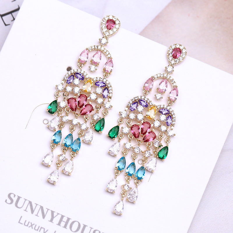 Autumn European and American Style Personality Tassel Earrings Long Colorful Zircon Studs New Fashion Water Drop Earrings for Women