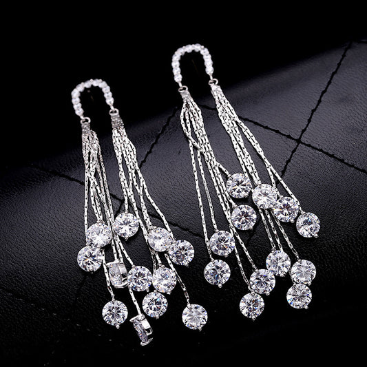 Cross-border European and American Fashion Shiny Zircon Exaggerated Tassel Earrings s925Silver Needle High-End Long Evening Earrings